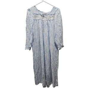 Eileen West Cotton Knit Blue White Floral Long Sleeve Nightgown Cottagecore S